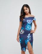 Jessica Wright Floral Bardot Thigh High Split Midi Dress - Multi