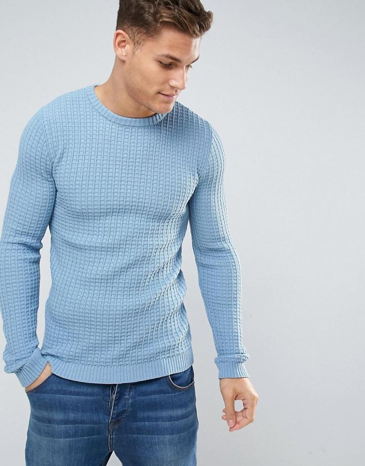 Asos Textured Crew Neck Sweater In Blue - Blue
