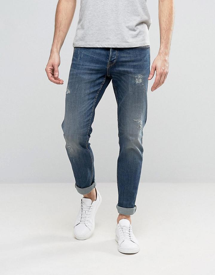 Only & Sons Straight Fit Jeans With Abrasion In Medium Blue Wash - Blu