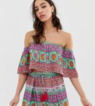 Asos Design Tall Frill Beach Top In Tile Print Two-piece - Multi