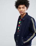Asos Design Denim Coach Jacket With Sleeve Stripe In Blue - Blue