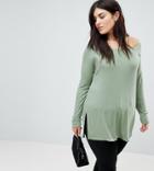 Asos Curve Off Shoulder Top In Longline Slouchy Rib - Green