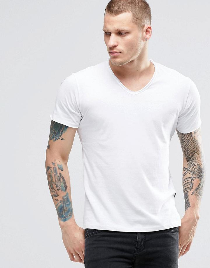 Replay T-shirt Vneck Raw Edge In White - White