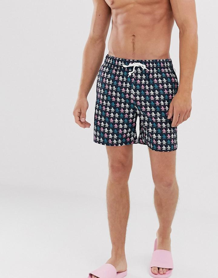 Original Penguin All Over Icon Logo Print Swim Shorts In Navy-red