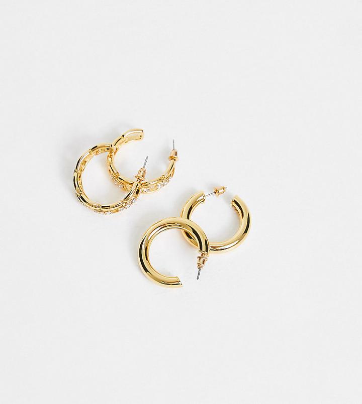 Asos Design 14k Gold Plated 2-pack Hoops With Tube And Crystal Chain Design