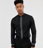 Asos Design Tall Slim Shirt With Manderin Collar With Contrast Piping - Black
