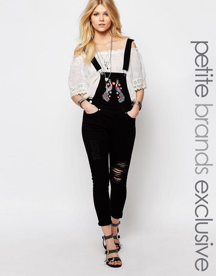 Liquor & Poker Petite Skinny Overalls With Folk Embroidery On Bib - Black