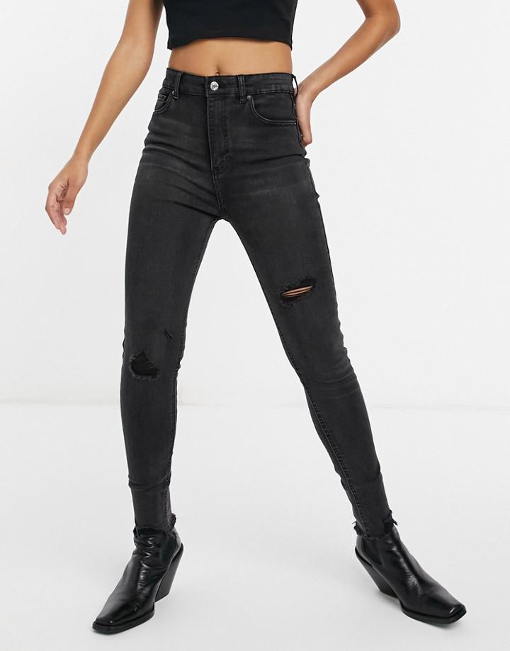 Pull & Bear High Waist Skinny Jeans In Washed Black-grey
