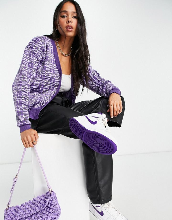 Heartbreak Cardigan In Heart Check Print-purple