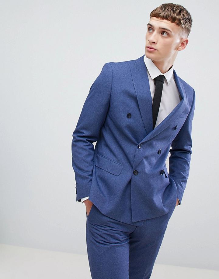 Moss London Double Breasted Skinny Suit Jacket In Blue - Blue