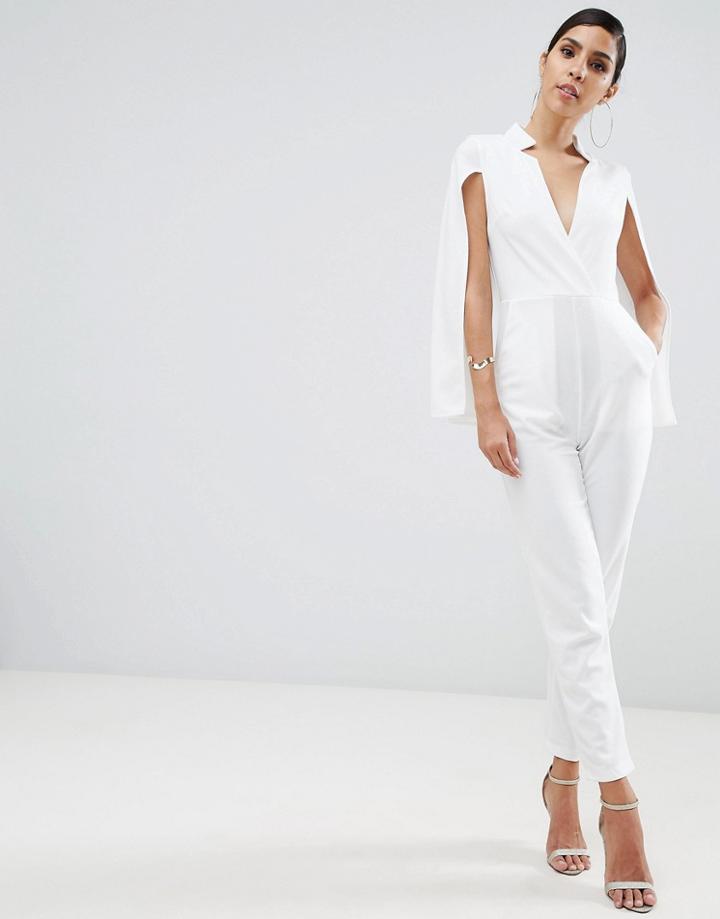 Ax Paris Deep V Caped Jumpsuit - Cream