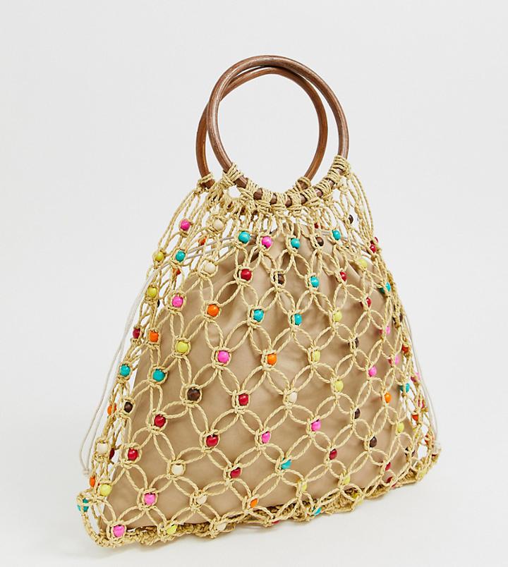 South Beach Exclusive Natural Beaded Bag With Wooden Handle And Bright Beads - Beige