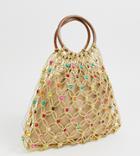 South Beach Exclusive Natural Beaded Bag With Wooden Handle And Bright Beads - Beige