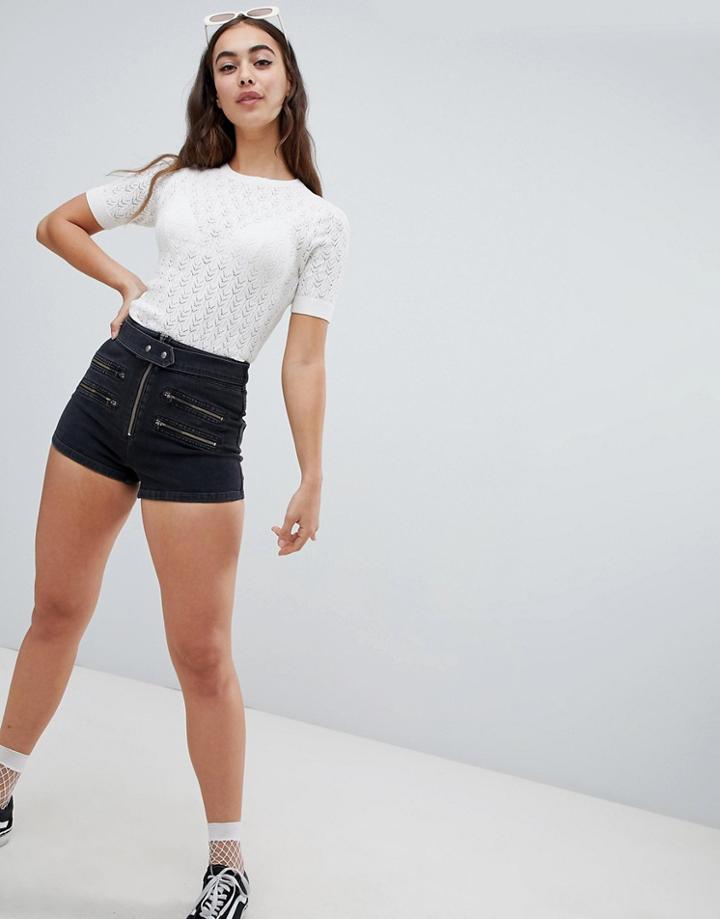 Asos Design Denim Biker Short With Zips In Washed Black - Black