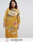 Asos Curve Embroidered Long Sleeve Shift Dress - Yellow