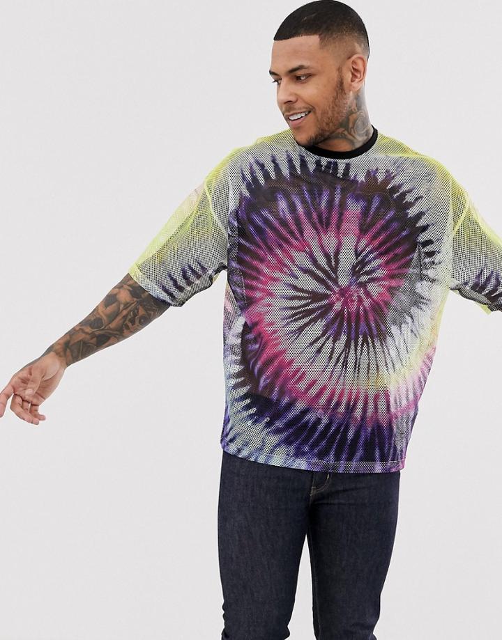 Asos Design Oversized T-shirt With Half Sleeve In Mesh Tie Dye Wash - Multi