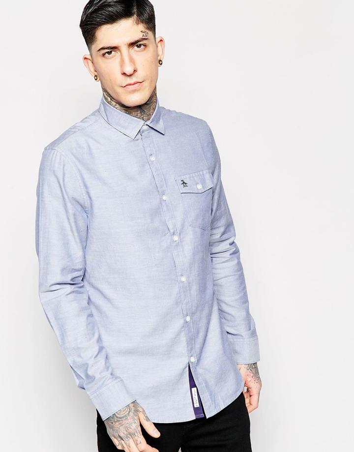 Original Penguin Nep Herringbone Chambray Long Sleeved Shirt - 489 Dark Denim