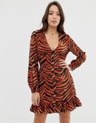 Asos Design Button Through Skater Mini Dress With Pep Hem In Tiger Print-multi