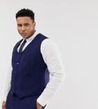 Asos Design Plus Wedding Skinny Suit Vest In Blue Wool Blend Herringbone - Blue