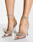 Public Desire Midnight Heeled Shoes With Crystal Bow Detail In Silver
