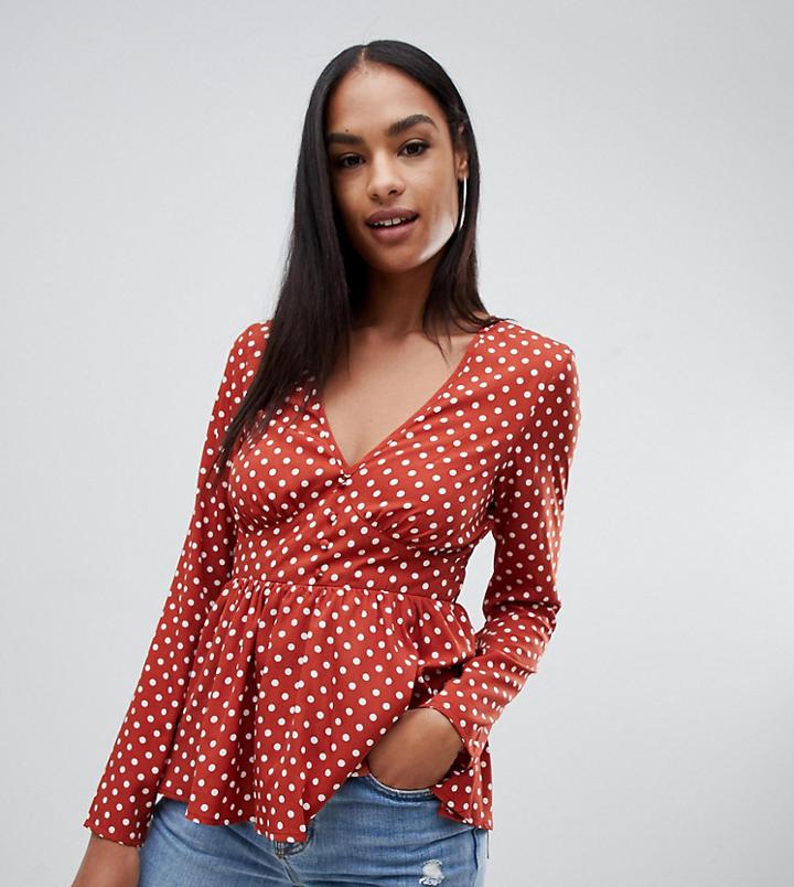 Prettylittlething Peplum Blouse In Rust Polka Dot - Brown