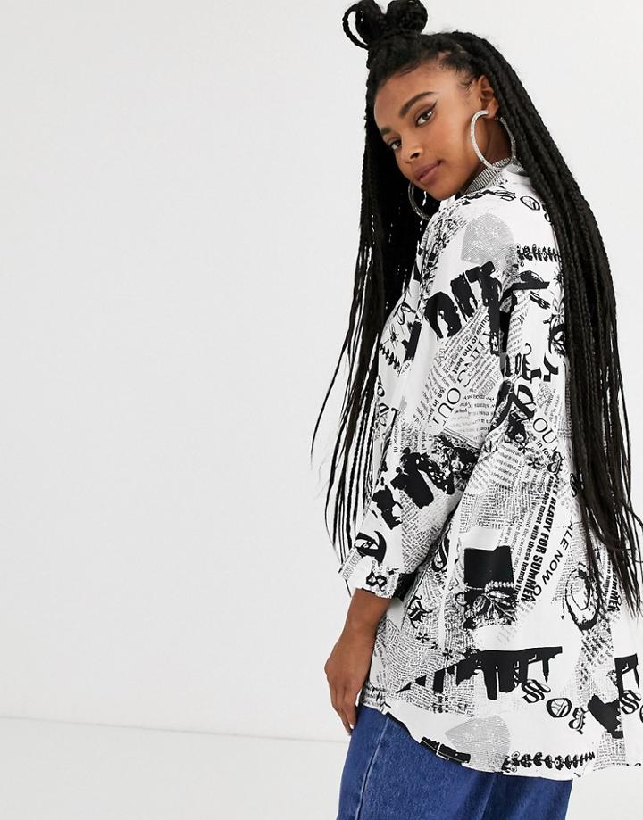 Asos Design Long Sleeve Longline Soft Shirt In Graphic Newspaper Print-multi