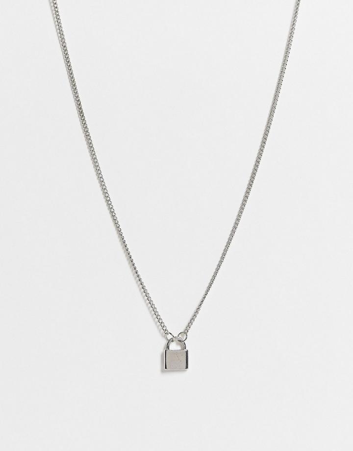 Asos Design Necklace With Mini Padlock In Silver Tone
