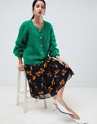 Gestuz Loose Knit Cardigan With Gold Button - Green