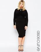 Asos Curve Body-conscious Midi Dress With Twist Knot Front - Black