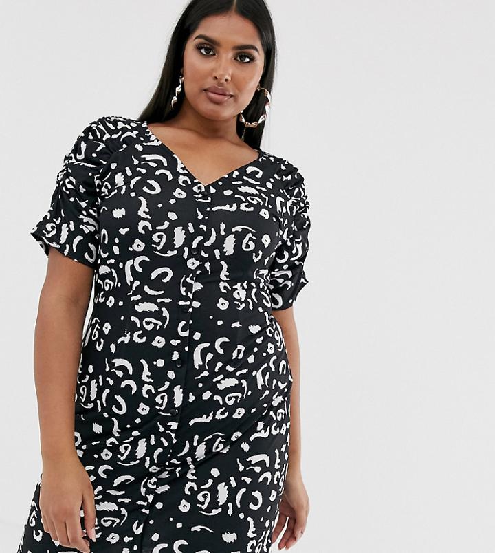 Pink Clove Button Through Mini Dress With Ruched Sleeves In Abstract Print - Black