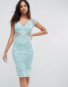Ax Paris V Neck Mesh Lace Bodycon Midi Dress - Green