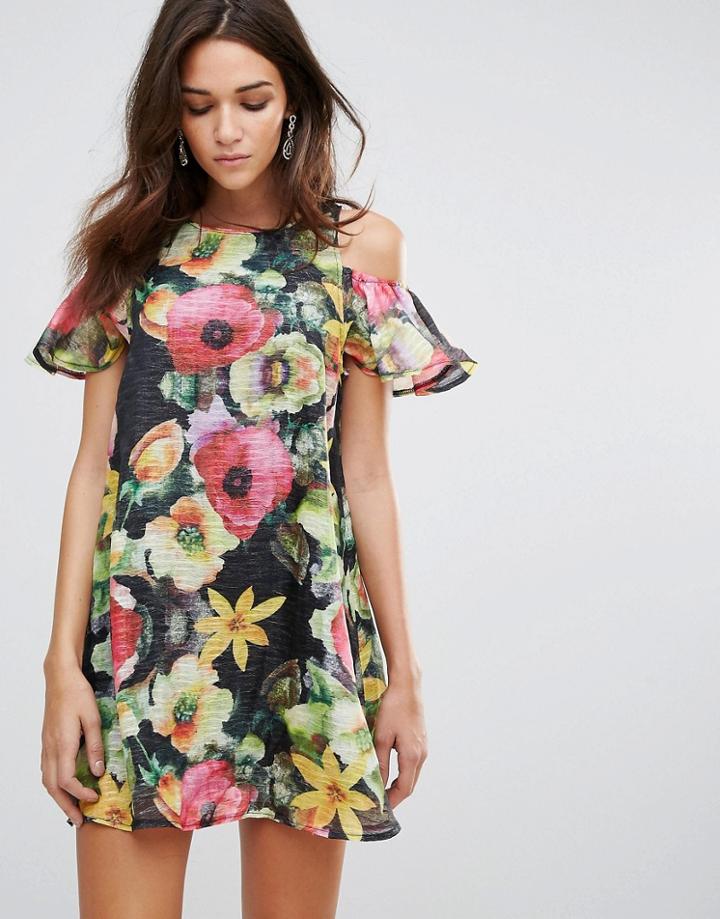 Ax Paris Cold Shoulder Floral Chiffon Swing Dress - Black