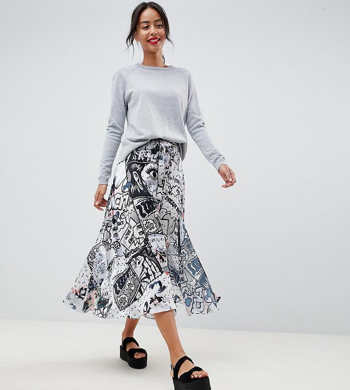 Asos Design Tall Satin Midi Skirt In Comic Strip Print - Multi