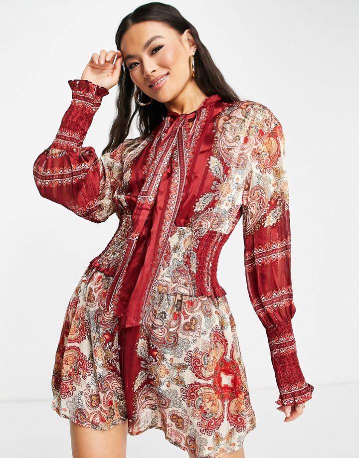 Aria Cove Shirred Detail Mini Skater Dress With Neck Tie In Vintage Wine Print-multi
