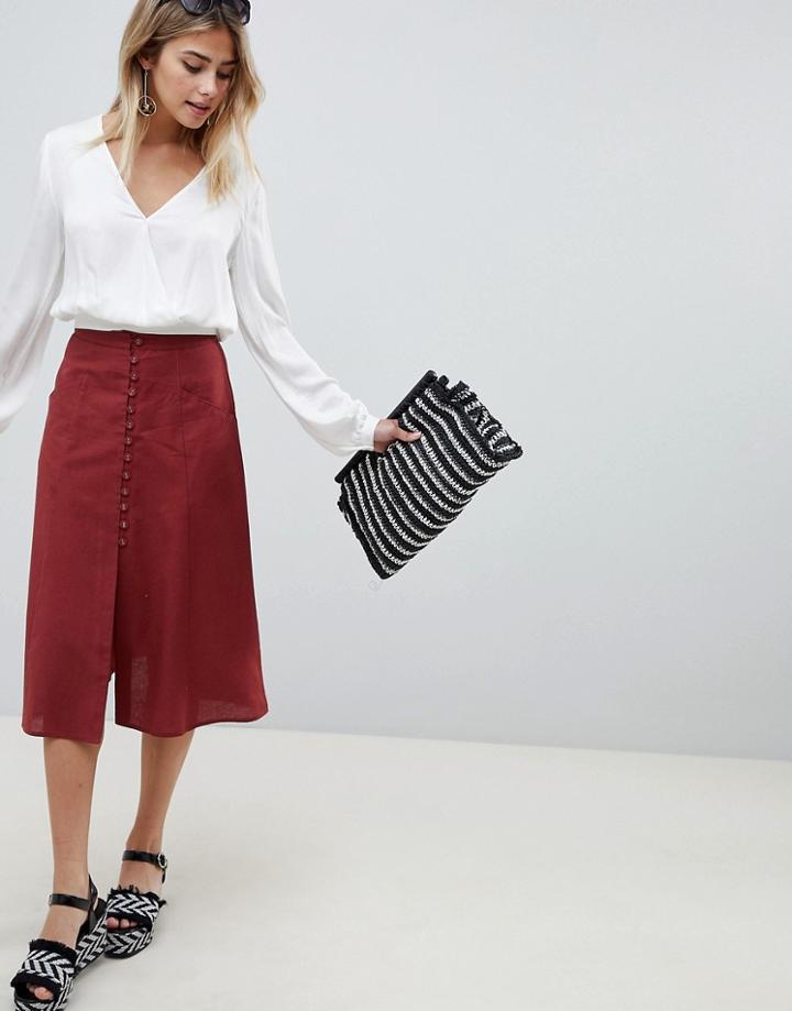 Asos Design Full Midi Skirt With Button Front - Multi