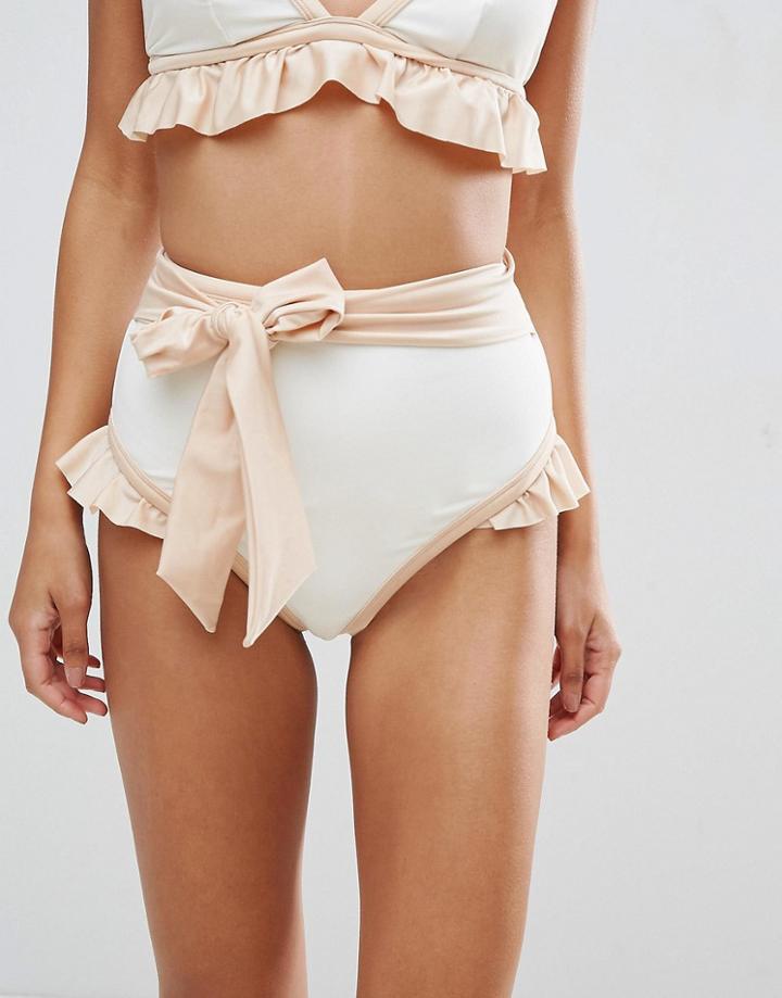 Asos Bridal Contrast Tie High Waist Frill Bikini Bottom - White