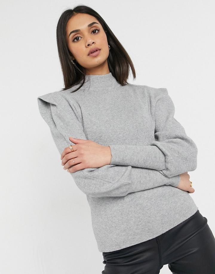 Vila High Neck Knitted Sweater With Shoulder Pads In Gray-grey