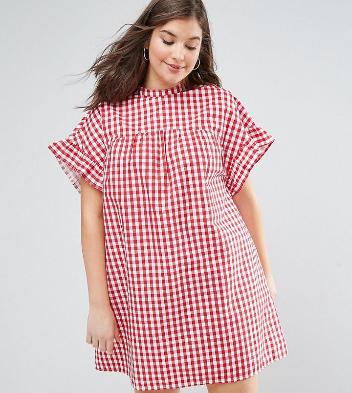 Asos Curve Red Gingham Smock Dress - Multi