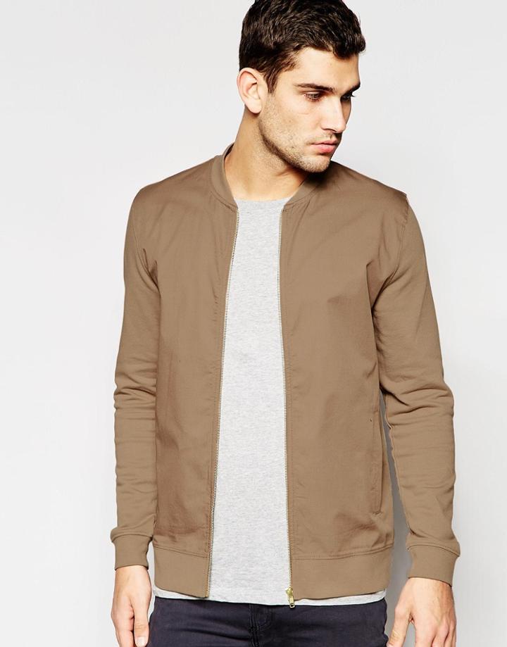 Asos Jersey Bomber Jacket With Woven Front In Camel - Camel