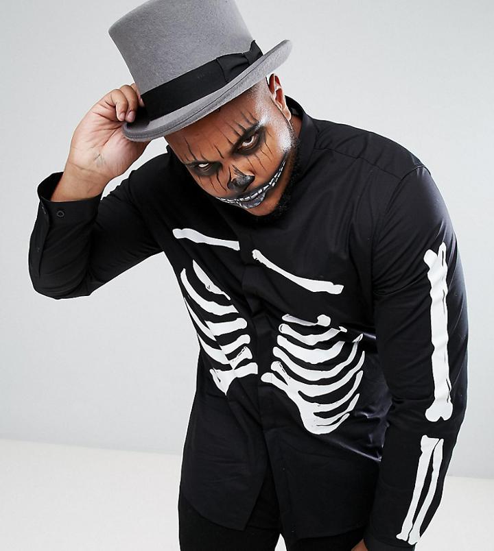 Asos Plus Halloween Stretch Slim Shirt With Rib Cage Print - Black