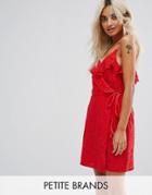 Fashion Union Petite Wrap Dress With Ruffle Detail In Metallic Polka Dot - Red