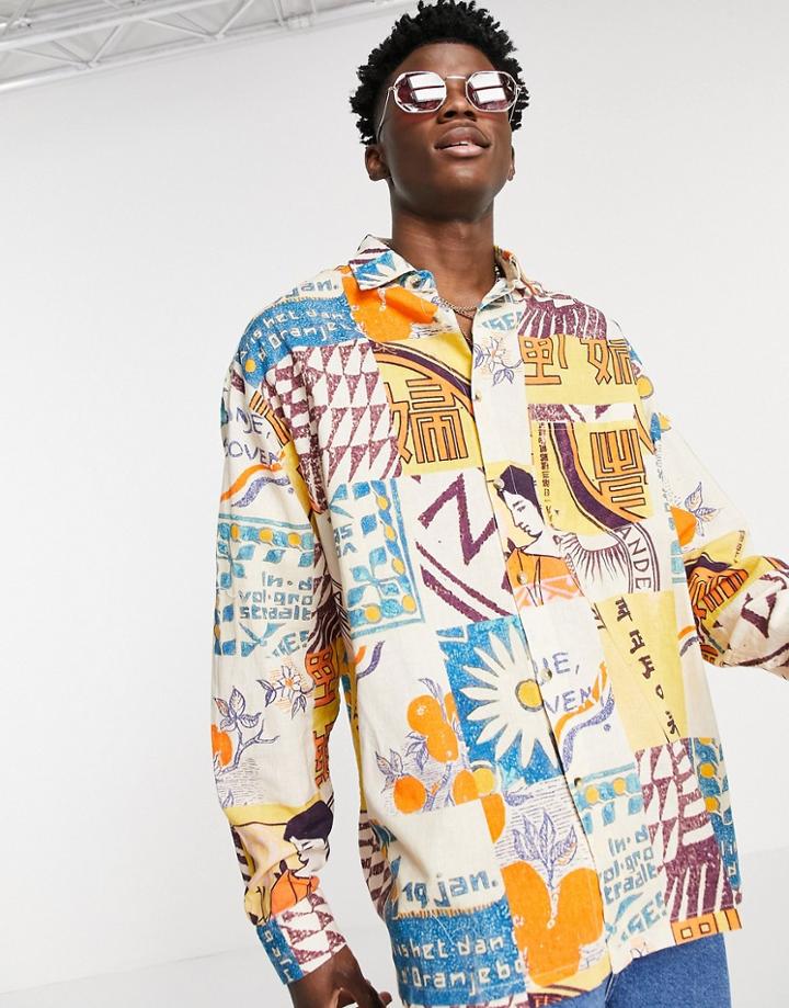Asos Design Boxy Oversized Shirt In Linen Mix With Postcard Print-multi