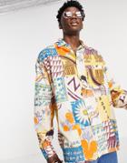 Asos Design Boxy Oversized Shirt In Linen Mix With Postcard Print-multi