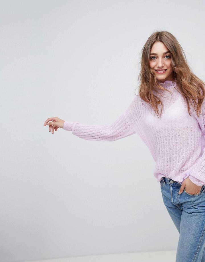 Asos Design Sweater In Fluffy Stitch With Ruffle Neck-purple