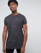 Asos Longline T-shirt With Tonal Geo-tribal All Over Print And Roll Sl