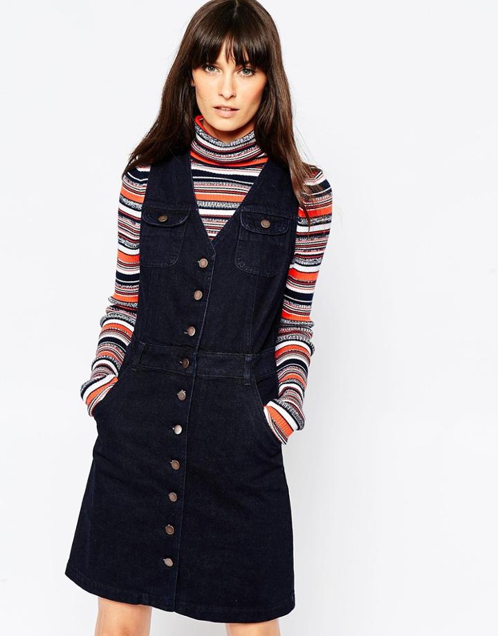 Asos Denim Button Through Waisted Mini Dress In Indigo - Indigo