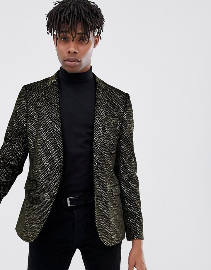 Asos Design Skinny Prom Blazer In Gold Glitter Geo Velvet