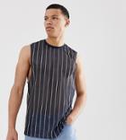 Asos Design Tall Relaxed Sleeveless T-shirt With Vertical Stripe In Mesh-navy