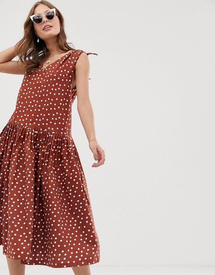 Asos Design V Front V Back Smock Dress Midi In Rust Spot - Multi