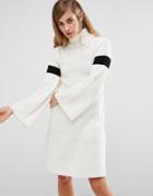 Lost Ink High Neck Knitted Dress With Bell Sleeves - Cream